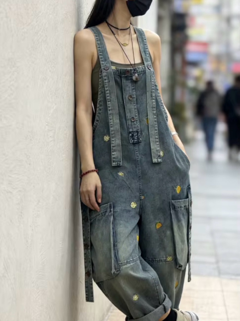 Washed Green Floral Embroidered Cropped Denim Overalls